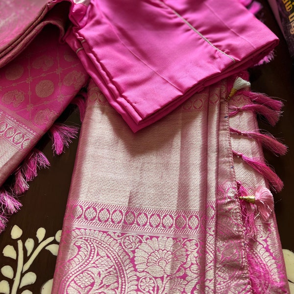 Pure Kanchi pattu saree, all over pure silver zari with designer stitched blouse, Pastel Pink Pattu Saree