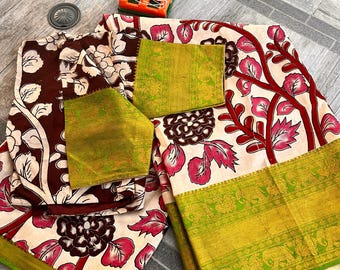 New pure Mangalgiri Silk Saree with designer stitched blouse, Kalamkari Kari Block print all over, gift for her, blouse size 34-44 inches