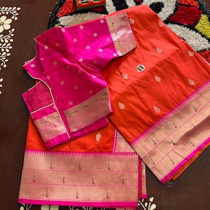 New Banarasi Paithani Silk Saree with designer stitched blouse, fits perfectly for size 34-44 inches chest, gift for her