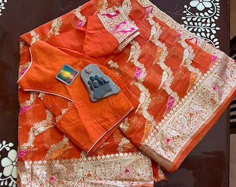 Pure Organza Saree with all over silver zari weaving and designer stitched blouse, gift for her