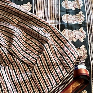 New Designer Mysore Silk Saree with small Zari Border and designer stitched blouse,kalamkari print gift for her, blouse fits 34-44inches