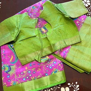 Pure tussar zijden sari met Swarovski-stenen op de rand, gestikte designerblouse, blouses past op de borstmaat 34-44 inch