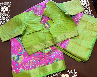 Pure tussar silk saree with Swarovski stones on the border, stitched designer blouse ,blouses fits size 34-44 inches chest