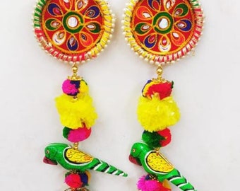 Indian handmade Decorative Parrots floral mirror wall hanging. Set as 2. wall hanging