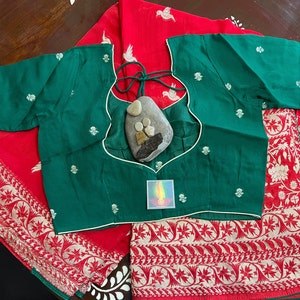 Pure Banarasi georgette saree with silver zari weaving all over saree, green contrast blouse designed to fit perfect 34-44inches