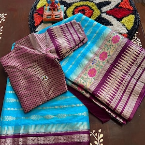 New Beautiful Warm Silk Saree, Paithani border with designer stitched blouse, gift for her