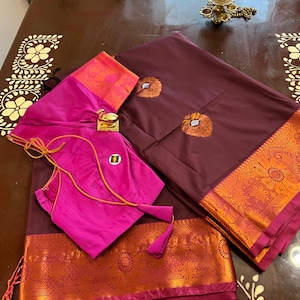 Pure Designer Venkatagiri Silk Saree with pure Zari weaving Border and designer stitched blouse, gift for her, blouse size fits 34-44inches