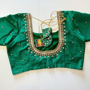 Designer Emerald Green Hand embroidered, maggam work blouse, size can be adjusted to 36-46 inches chest