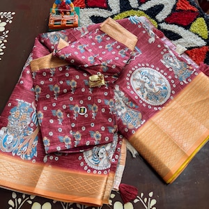 Kalamkari Digital Print Soft Silk Saree with designer stitched blouse , gift for her