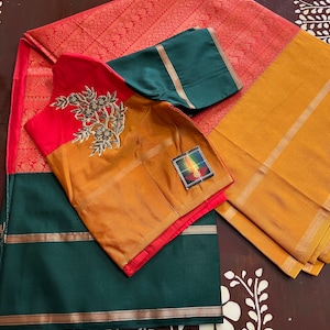 Pure kanchi Pattu Powerloom Silk saree Copper zari,maggam work blouse  and stitched, blouse fits size 34-44 inches chest , gift for her