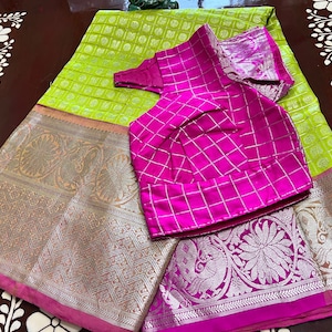 Pure Venkatagiri pattu saree with all over silver zari weaving, ready to wear saree, designed and stitched blouse can fit size 36-44inches