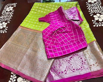 Pure Venkatagiri pattu saree with all over silver zari weaving, ready to wear saree, designed and stitched blouse can fit size 36-44inches