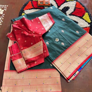 New Banarasi Paithani Silk Saree with designer stitched blouse, fits perfectly for size 34-44 inches chest, gift for her