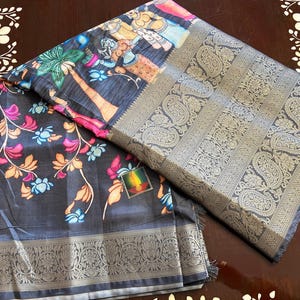New kanchi silk saree , Zari weaving border  kalamkari print,designer stitched blouse, gift for her,blouse designed to fit size 34-44 inches