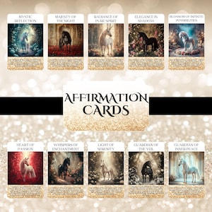 May include: A set of 10 affirmation cards featuring colorful illustrations of unicorns and horses. Each card has a title and an affirmation message. The cards are designed to help you manifest your desires and live a more fulfilling life.