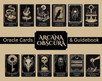 May include: A set of black and gold oracle cards with gothic illustrations. Each card features unique artwork and titles like "The Serpent's Offer" and "The Raven Oracle." The words "Arcana Obscura" and "Oracle Cards & Guidebook" are also visible.