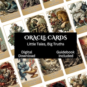 Puede incluir: Juego de cartas de oráculo con varias ilustraciones, incluyendo un león y un conejo. Las cartas presentan títulos como "La Transformación Encantada" y "La Asistencia Invisible". El producto es una descarga digital con una guía.