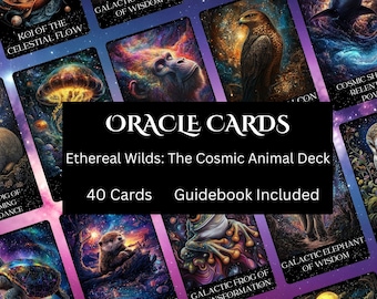 May include: A set of 40 oracle cards featuring colorful illustrations of animals in a cosmic setting. The cards are titled "Ethereal Wilds: The Cosmic Animal Deck" and include a guidebook.