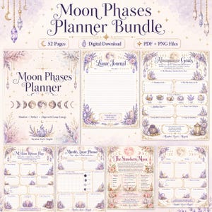 Può includere: Un set digitale di pianificatore delle fasi lunari con 52 pagine di modelli stampabili. La collezione include un pianificatore, un diario lunare, obiettivi di abbondanza, una pagina di rilascio lunare e un pianificatore mensile.