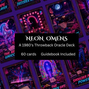 May include: A deck of 60 oracle cards with a guidebook, titled "Neon Omens: A 1980's Throwback Oracle Deck." The cards feature neon-style illustrations in shades of purple, pink, and blue, with imagery of a unicorn, a car, and other retro elements.