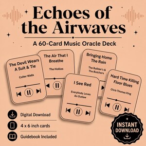 May include: A 60-card music oracle deck titled Echoes of the Airwaves, featuring cards with song titles, artist names, and media player icons. The cards are 4 x 6 inches, and the set includes a digital download and a guidebook. The design is peach-colored.