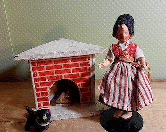 Vintage Germany Composition Bisque Witch with Cat, Fireplace, Hertwig