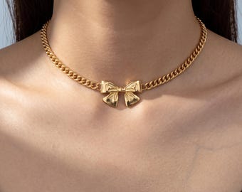 Gold Tone Bow Necklace, Chunky Chain, Coquette Choker, Vintage Inspired Jewelry