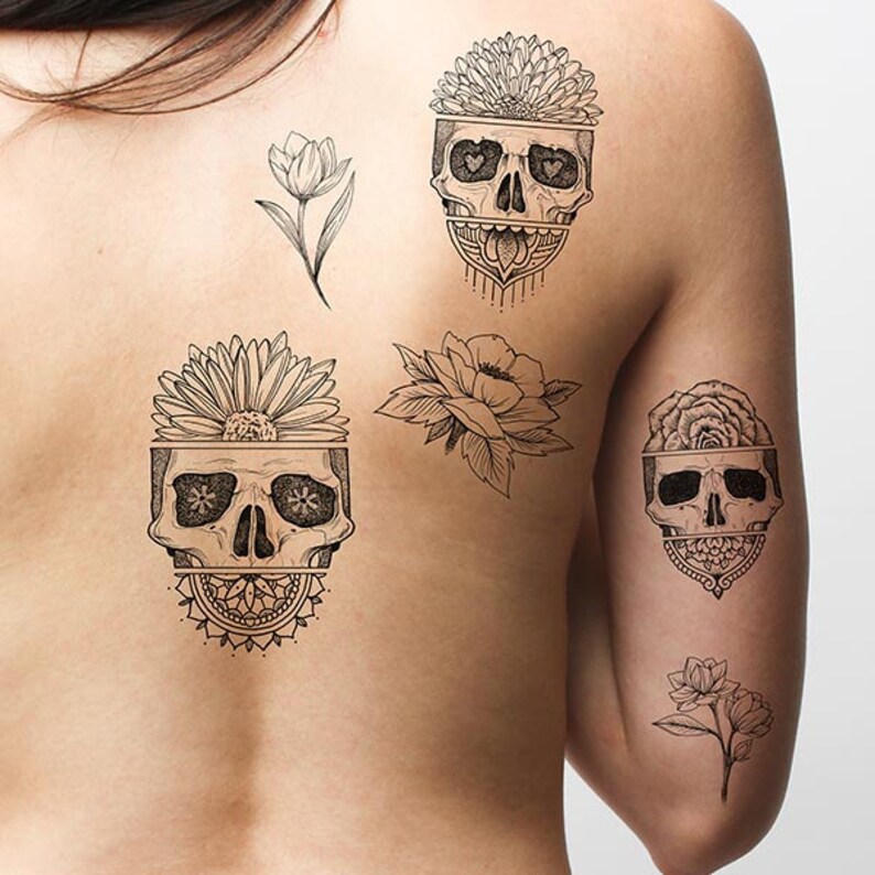 Avant Gardener Floral Skull Temporary Tattoo Pack Set of 12 Etsy
