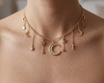 Moon & Star Layered Necklace – Gold Charm Tassel Necklace