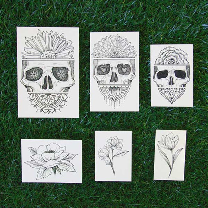 Avant Gardener Floral Skull Temporary Tattoo Pack Set of 12 Etsy