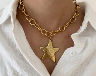 Gold Star Pendant Necklace, Chunky Chain, Celestial Jewelry, Statement Star, Boho, Gift for Her