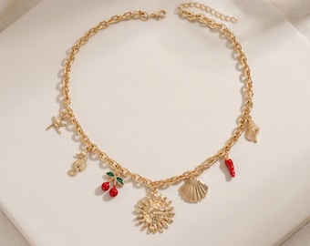 Cute Charm Necklace with cherry, sun, shells, red chilli