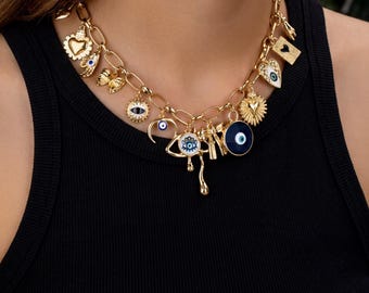 Gold Layered Charm Necklace, Evil Eye, Bow, Heart, Moon, Hand Motifs