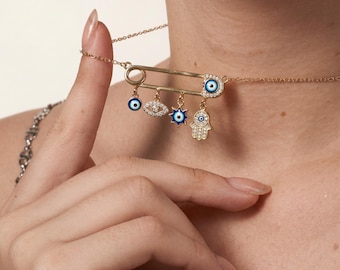 Gold Safety Pin Necklace, Evil Eye Hamsa Charm, Dainty Layering Jewelry