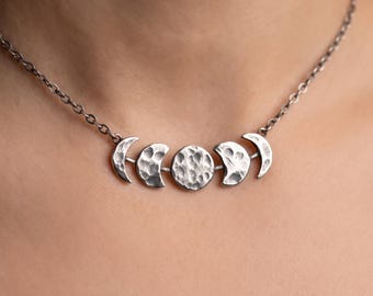 Moon Phase Choker Necklace, Antique Silver Celestial Lunar Jewelry