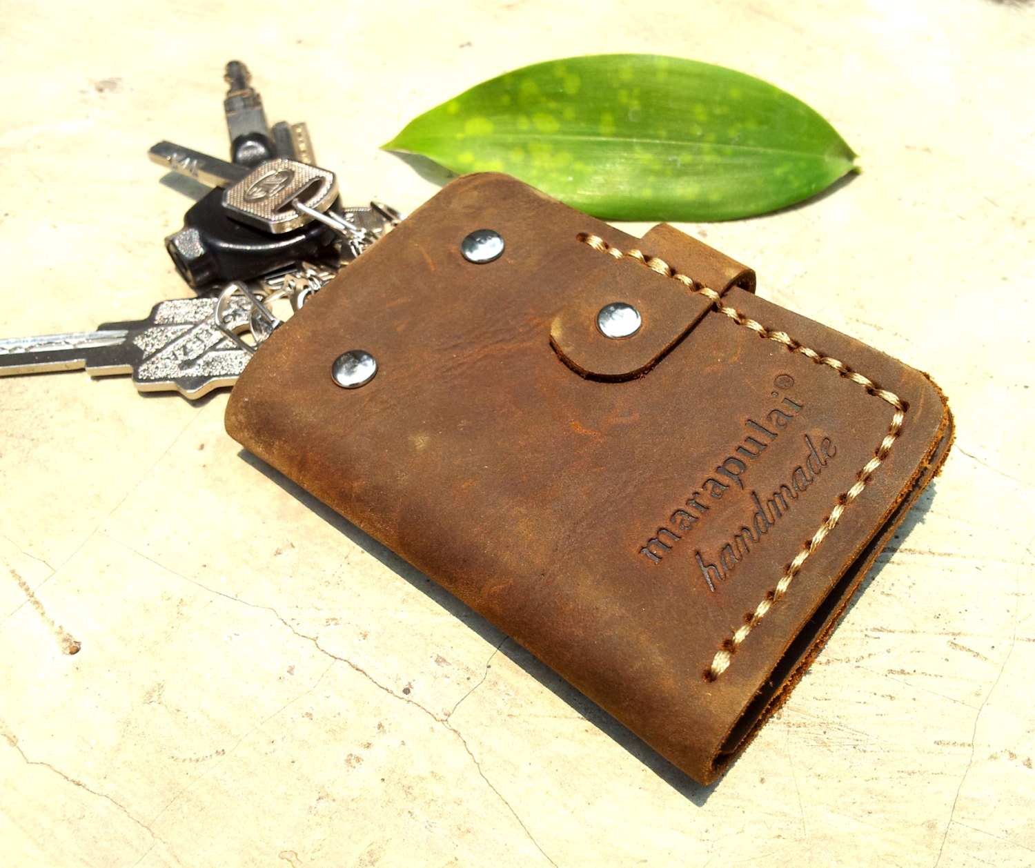 brown leather key pouch hand stitched 6 key holder handmade Etsy