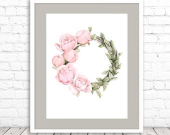 May include: A watercolour painting of a pink rose wreath with green leaves. The wreath is circular and the roses are arranged in a cluster.