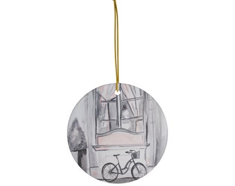 Bicycle in Paris, Pink Paris collection- Ceramic Christmas Ornaments