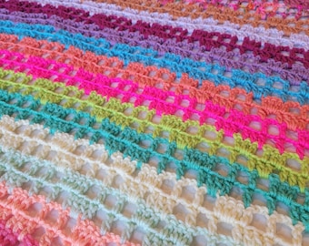 Handmade Crochet Afghan – Colorful Filet Lace Blanket, 50x50 Throw