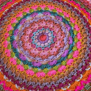 May include: A colourful crocheted mandala with a circular design featuring multiple layers of different coloured yarn. The centre of the mandala is a smaller circle with a more intricate design.