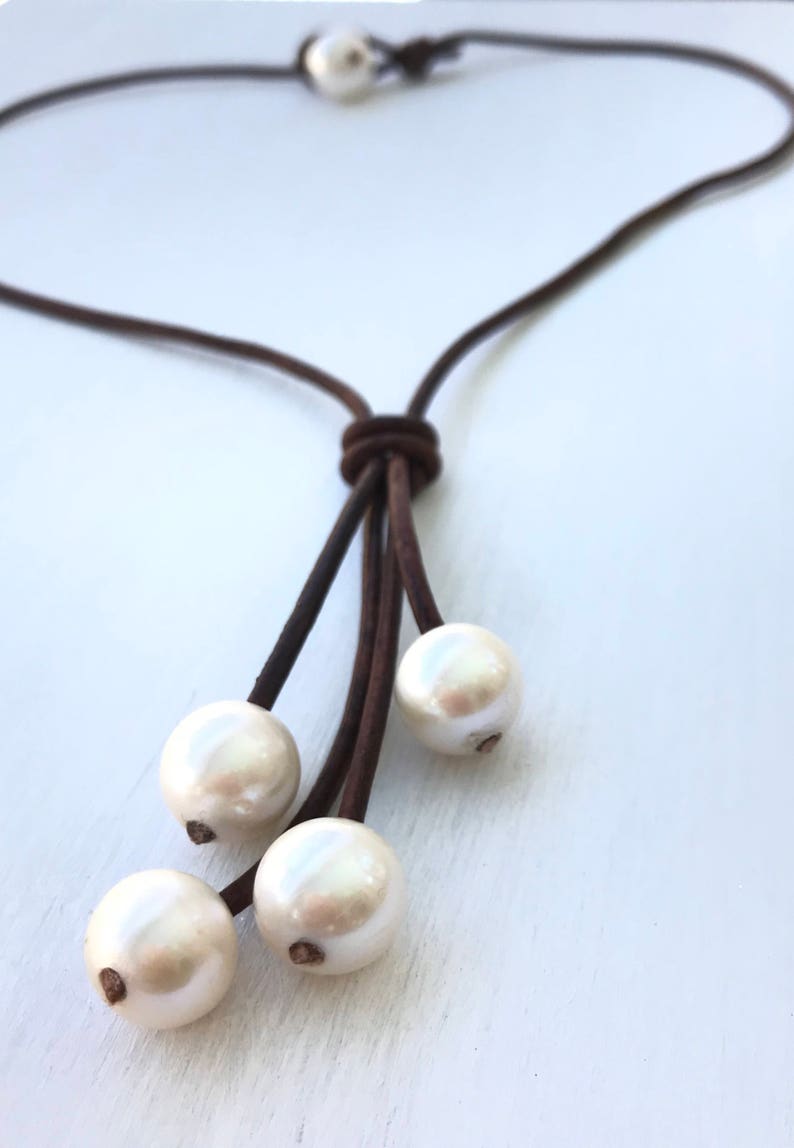 Freshwater pearl necklace, gift for her, leather and pearl necklace, pearl necklace, gift for women, leather necklace, mothers day gift image 3