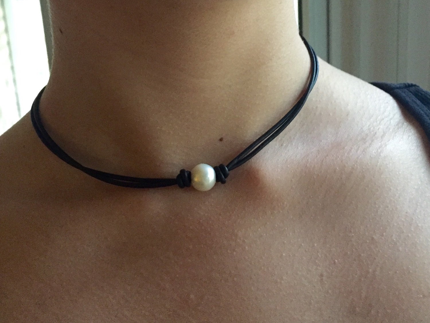 Pearl leather choker single pearl choker natural jewelry Etsy