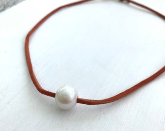 Freshwater pearl choker, choker necklace, suede necklace, orange necklace, orange necklace, gift for her, pearl necklace