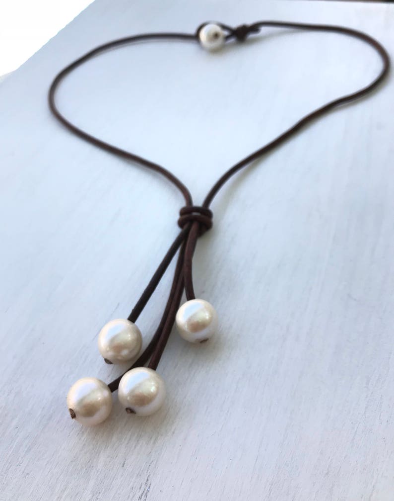 Freshwater pearl necklace, gift for her, leather and pearl necklace, pearl necklace, gift for women, leather necklace, mothers day gift image 7