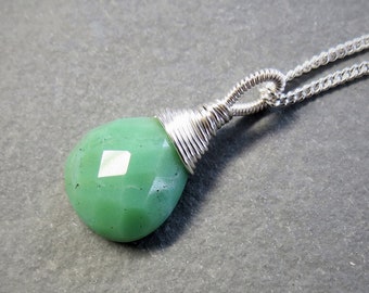 Chrysoprase, mint green pendant, handwrapped with fine silver, sterling silver curb italian chain, natural healing gemstone, may birthstone