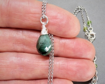 Natural raw Emerald, dark green pendant, Peridot, faceted teardrop, sterling silver rolo chain, May birthstone, precious gemstone, heart