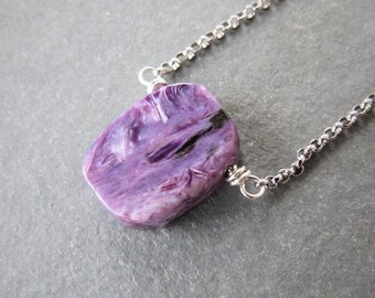 Charoite hanger, rechthoekige nugget, ketting, Amethist, rolo ketting, sterling zilver, natuurbeschermingssteen