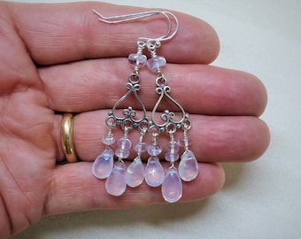 Kwarts &quot;Lavender Moon&quot; , kandelaar oorbellen, hart, Bali, geoxideerd sterling zilver, fijn zilver, natuurlijke beschermende steen