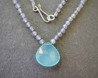 Aqua blue Chalcedony, translucent rainbow Labradorite, hand knotted necklace, pure Griffin silk, sterling silver, natural healing gemstone