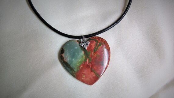 Coeur, Jaspe Picasso, pendentif, pierre naturelle, cordonnet de cuir noir, argent sterling 925, argent fin 970, handwrapping
